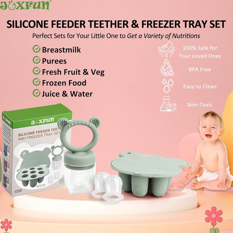JEXFUN Silicone Baby Fruit Food Feeder & Mini Freezer Nibble Tray, Breastmilk Popsicle Molds for Baby Teething Relief, BPA Free Silicone Teething Toys Feeder for Safe Infant Self Feeding, Extra Food Pouches - Image 2